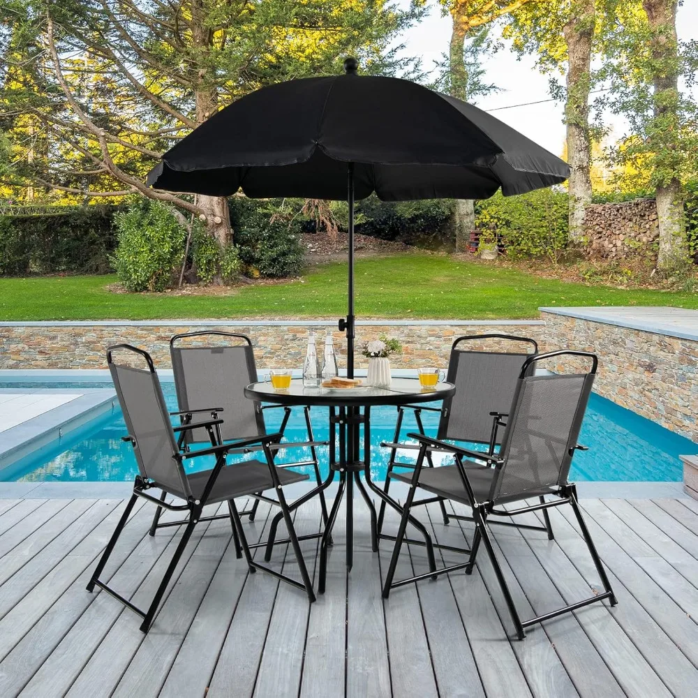 6 Piece Folding Patio Dining Set, Outdoor Table Chair Set for 4, 31.5” Round Table & 4 Folding Chairs, Patio Tiltable U