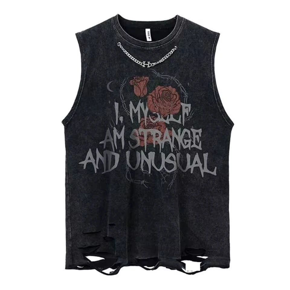 Mens Casual Washed Distressed Vest  Summer New Fashion Versatile Hole Printed Metal Necklace Sleeveless T-Shirt For Men
