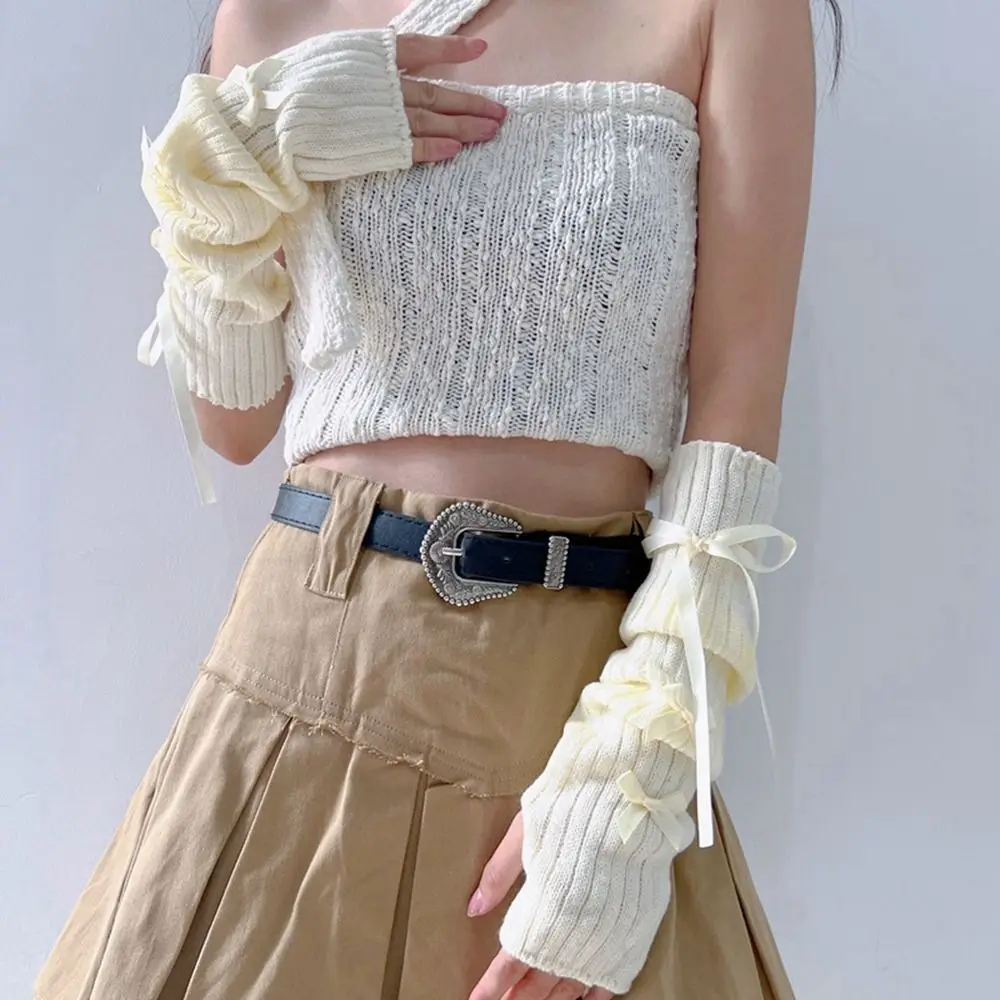 Elastic Y2K Warm Sleeves Bowknot Long Mittens Ballet Style Bow Knitted Arm Warmers Korean Style Sweet Fingerless Gloves