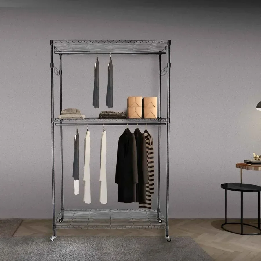 Double Rod Closet 3 Shelves Wire Shelving Clothing Rolling Rack Heavy Duty Garment Rack with Wheels and Side Hooks