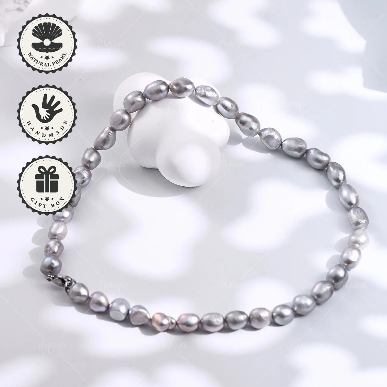

Mysoya Gray Baroque Freshwater Pearl Necklace 8–9mm Silvery Lobster Clasp Gift Box Valentine’s Day Birthday Gift For Her