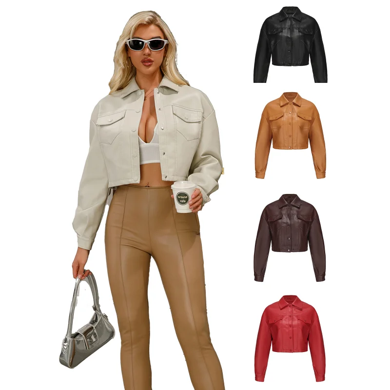 Leather Cropped Jackets Women Spring Autumn PU Loose Casual Long Sleeve Single-Breasted Ladies Short Coats Lapel Fashion Tops