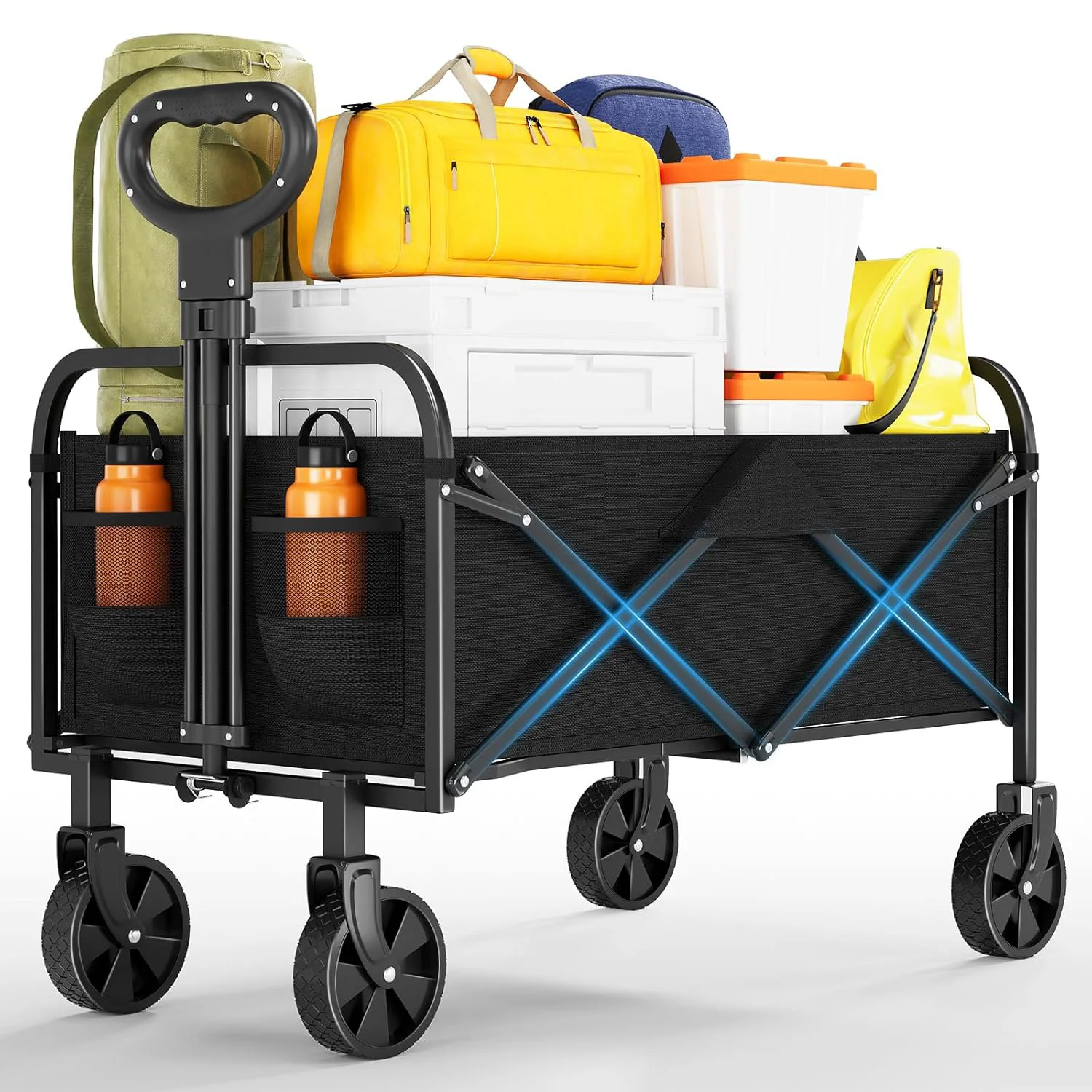 

110 LBS Heavy Duty Foldable Utility Wagon All-Terrain Wheels Adjustable Handle & Drink Holders 50L Collapsible Cart For Camping