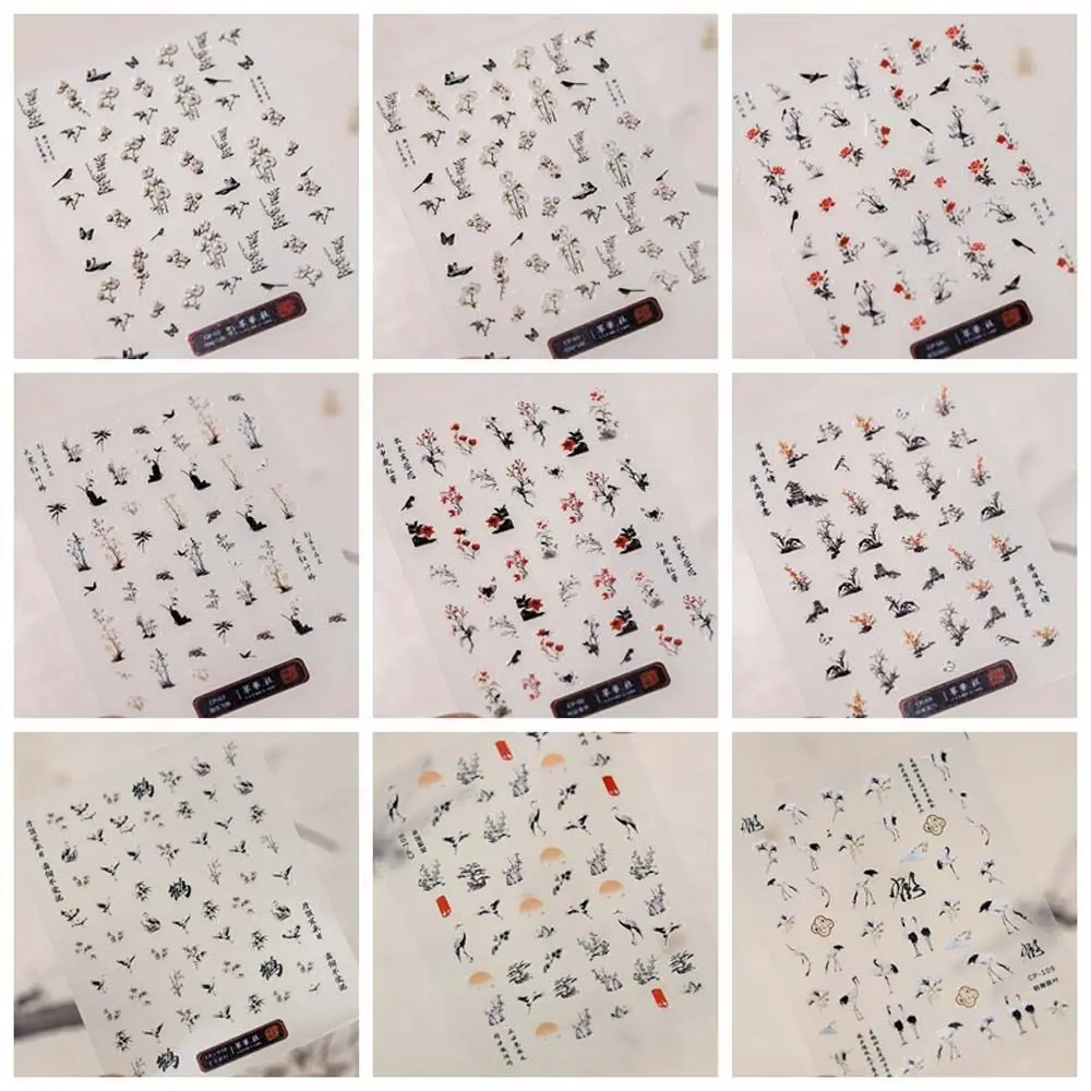 DIY Nail Charms Chinese Ink Nail Stickers Nail Art Supplies Chinese Character Crane Nail Decals Painting Sunset