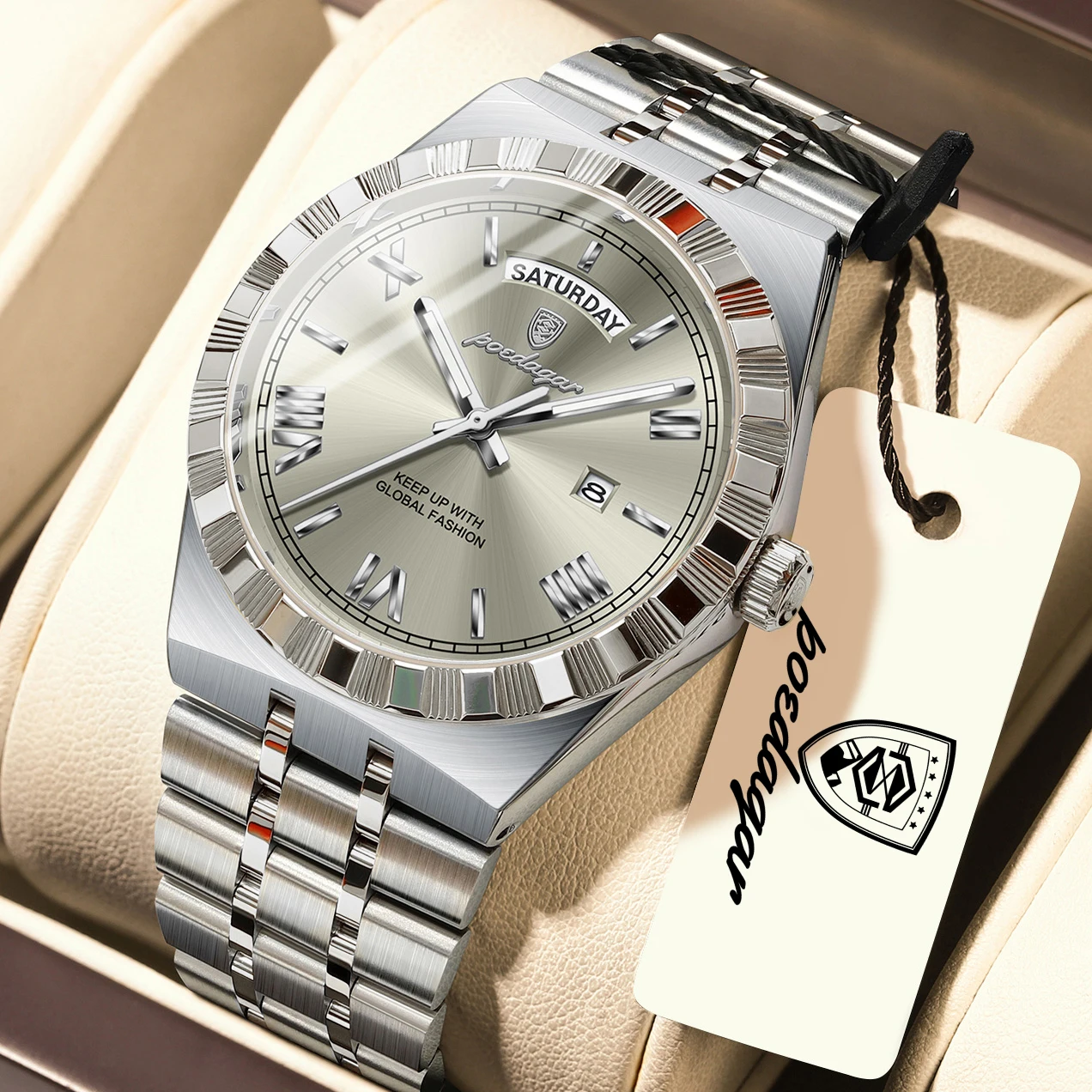 POEDAGAR Fashion Brand Man Clock Luminous Waterproof Week Date Men's Watch Stainless Steel Quartz Business Watches For Men Reloj