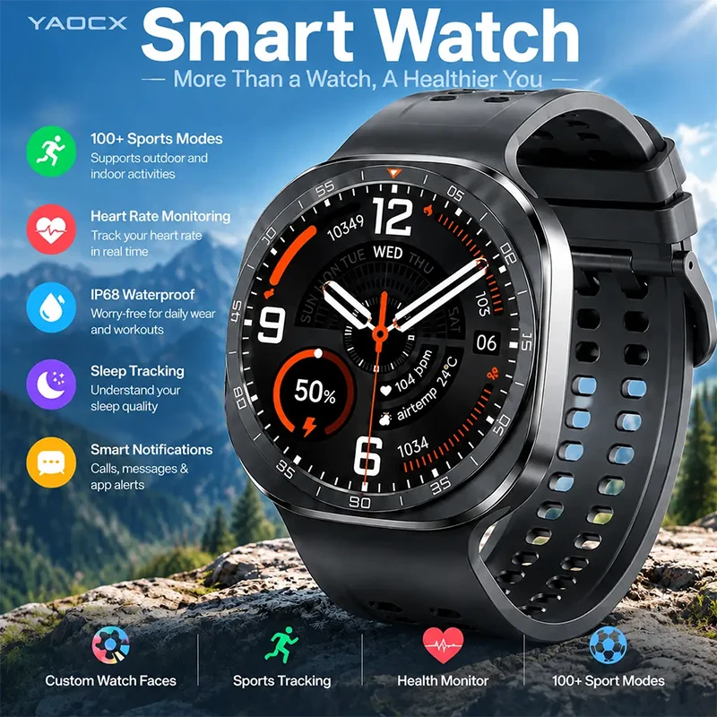 Smart Watch SOS Emergency Bluetooth Call IP68 Waterproof Heart Rate Sleep 100+Sports Modes Fitness Smart Watch for Android IOS