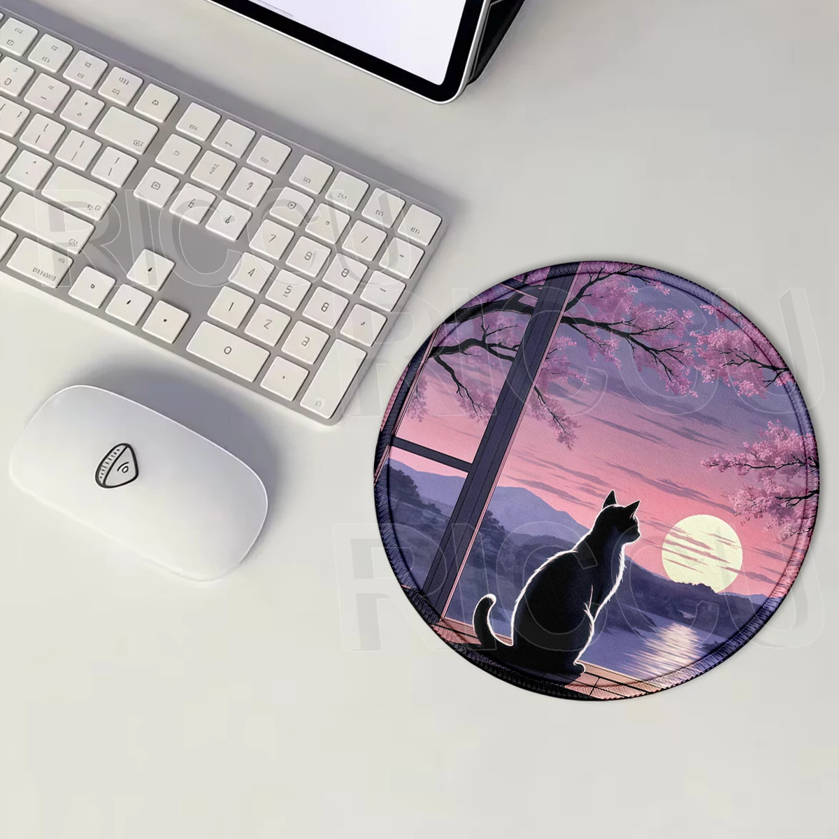 Round Mouse Pad Black Cat Cherry Blossom Landscape Mousemat Laptop Keyboard Desk Mat Sakura  Home Micepad Rubber E-Sports Carpet