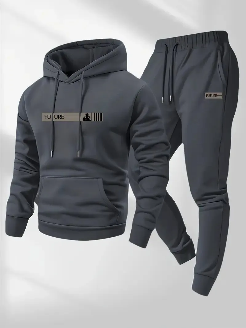 Men's two-piece set, casual round neck long sleeved hooded sweatshirt and sweatpants set, suitable for winter and autumn