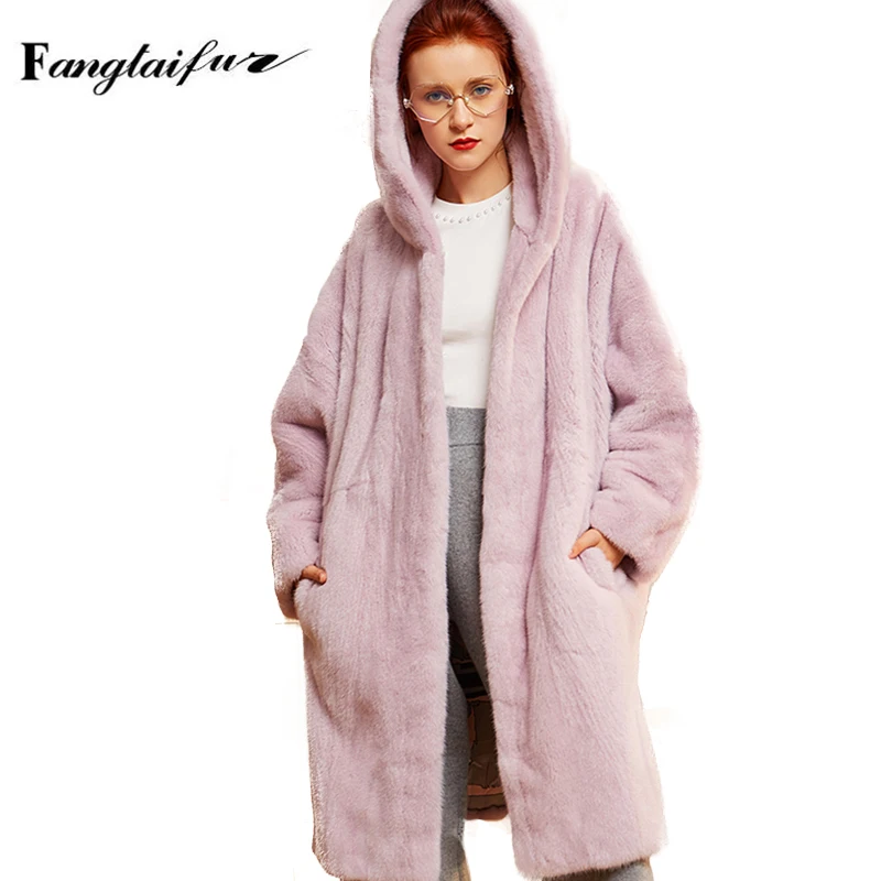 Ftangaiur invierno mujer importación abrigo de piel de visón de terciopelo abrigo de visón rosa chaqueta de mujer con capucha de piel X-Long abrigos de piel de visón Real Natural