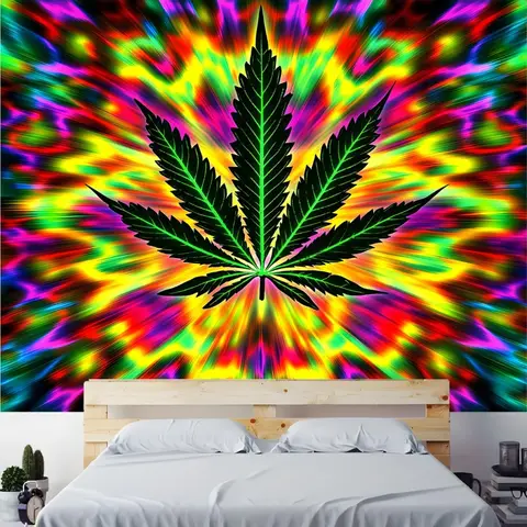 Psychedelic Marijuana Leaf Wall Tapestry Tie Dye Rainbow Art Boho Decor For Bedroom Hippie Room Home Interior Design