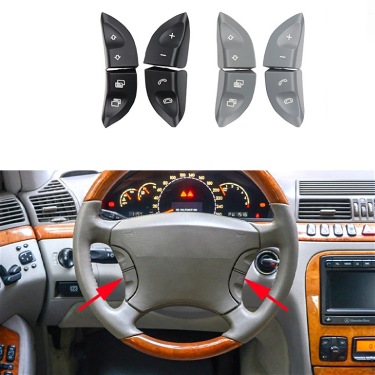 Car Left Right Steering Wheel Buttons Switch for Mercedes-Benz S-Class W220 1998-2005 CL W215 1999-2006 Black