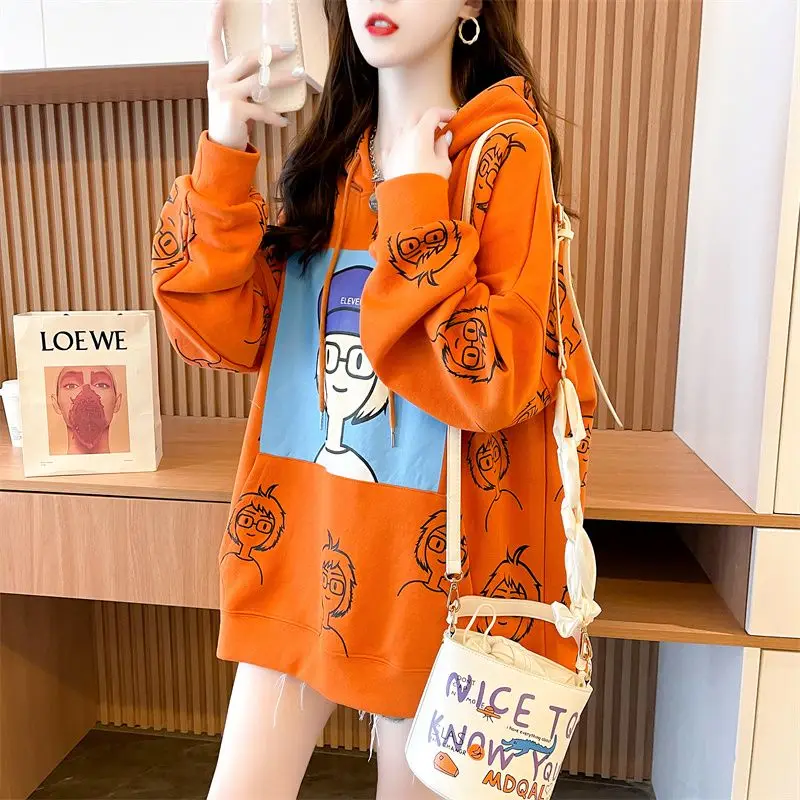 Autumn 2024 New Casual Printing V-neck Long Sleeve Hoodies Women Clothes Trend Loose Shirring Mid Length Top Femme Korean Tshirt