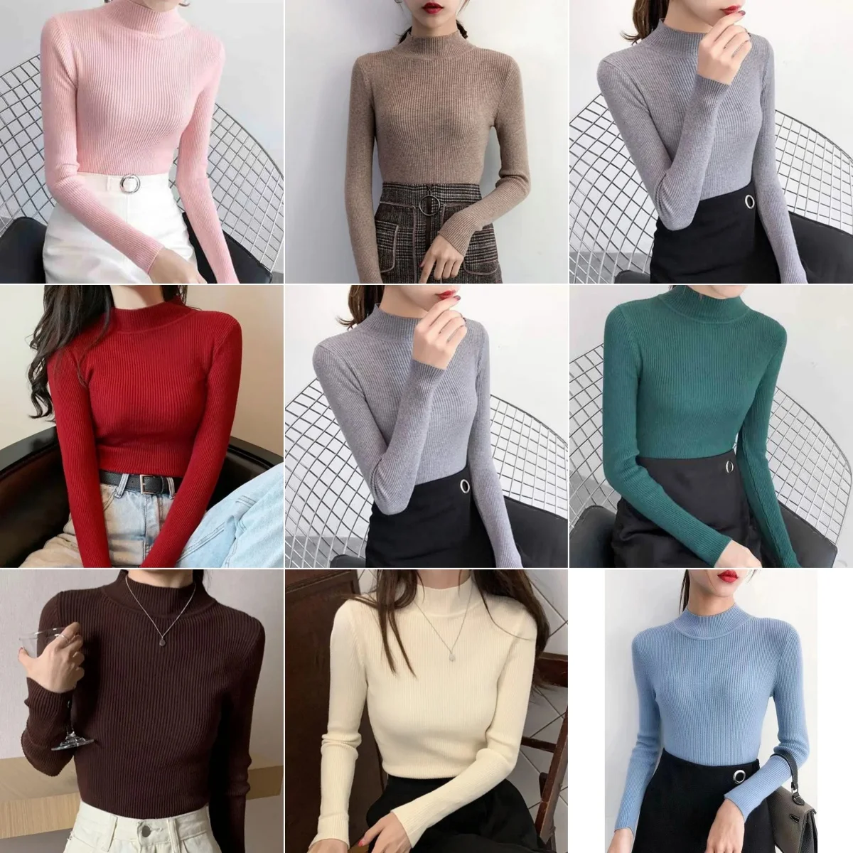 Autumn Winter Mock Neck Women Sweater Vintage Basic Solid Knitted Tops Casual Slim Pullover Korean Sweaters Simple Chic Jumpers