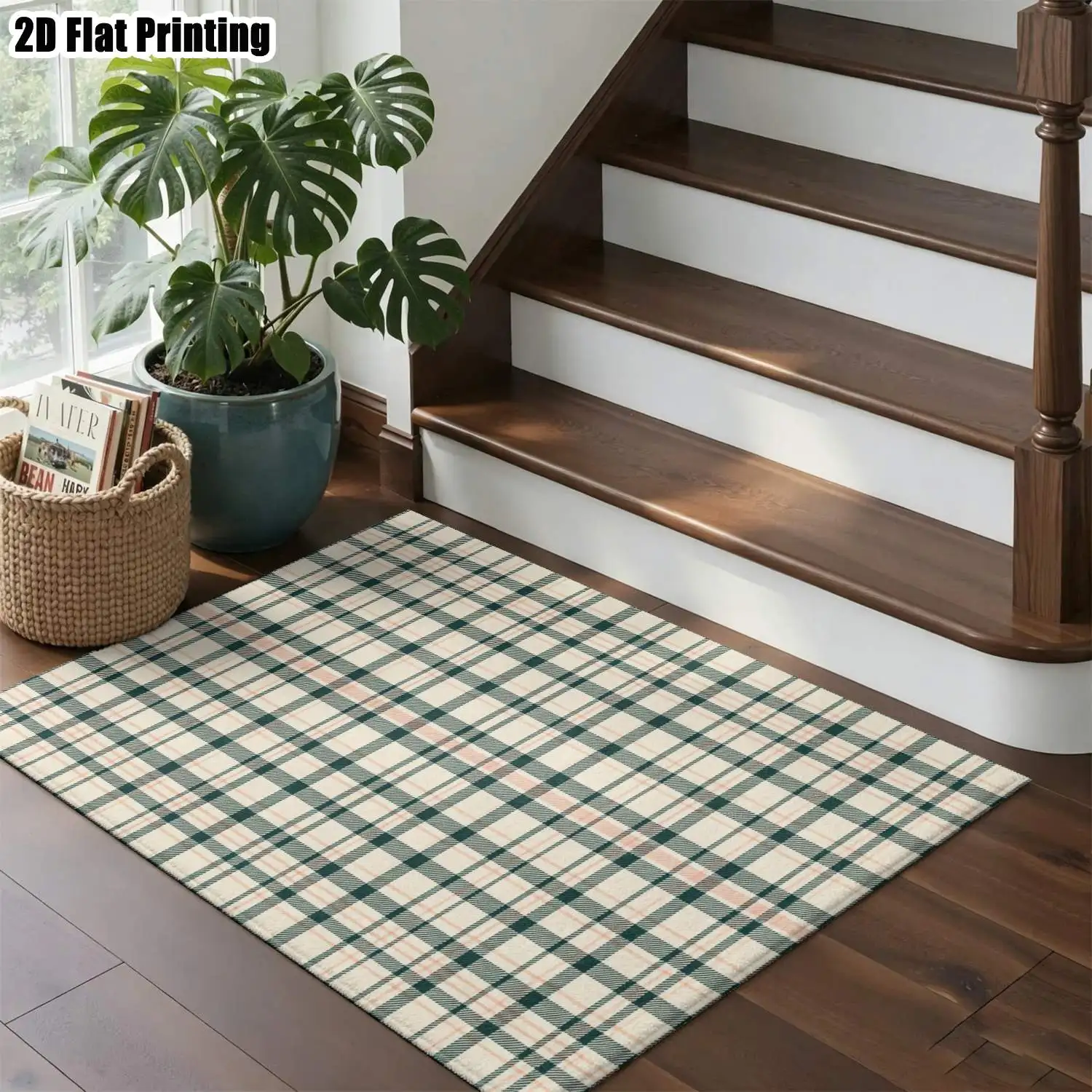 1Pc 2D Printed Checkered Light Pink Moss Green Nordic Carpet, Instagram-Inspired Floor Mat, Multi-Size Machine-Washable Home Decor for Multi-Scene Use