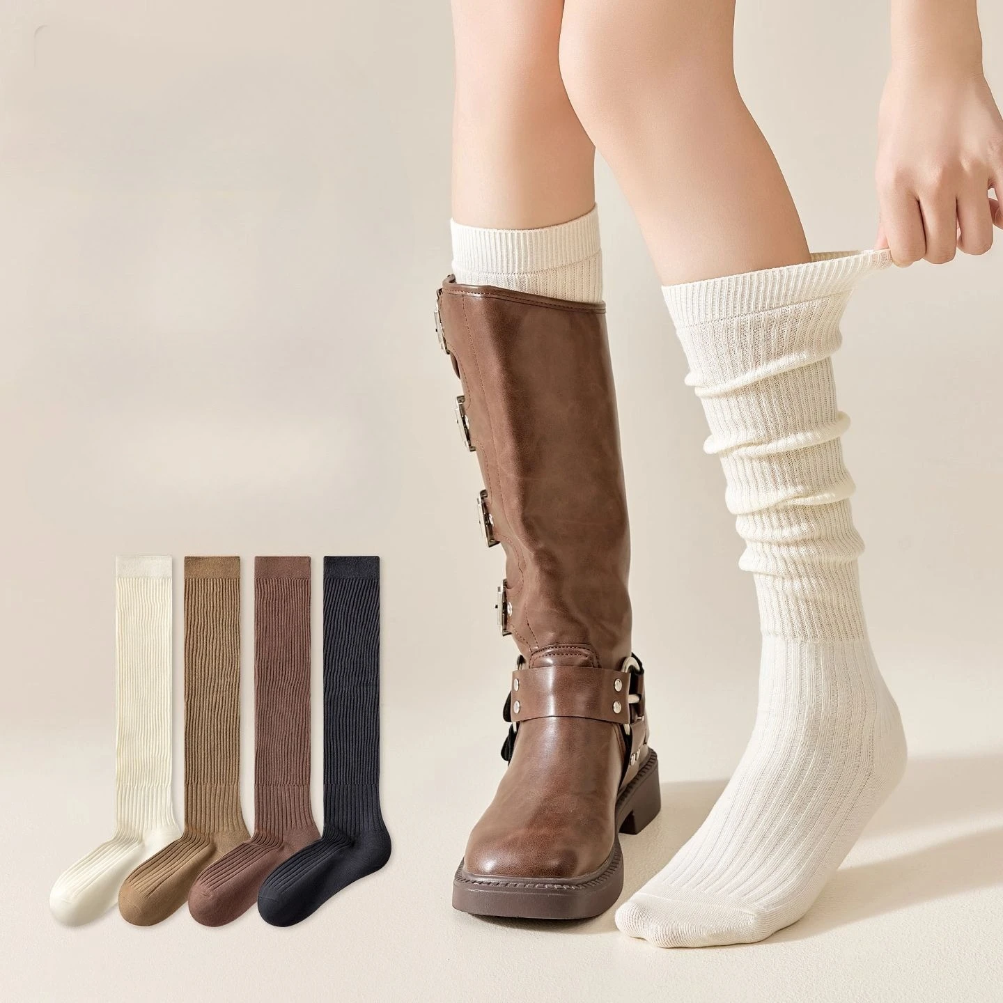 

Women Spring Autumn Knee Length Calf Pile Stocking Winter Leg Long Boots Stacking Fashion JK Boots Calf Socks Cotton Footwear