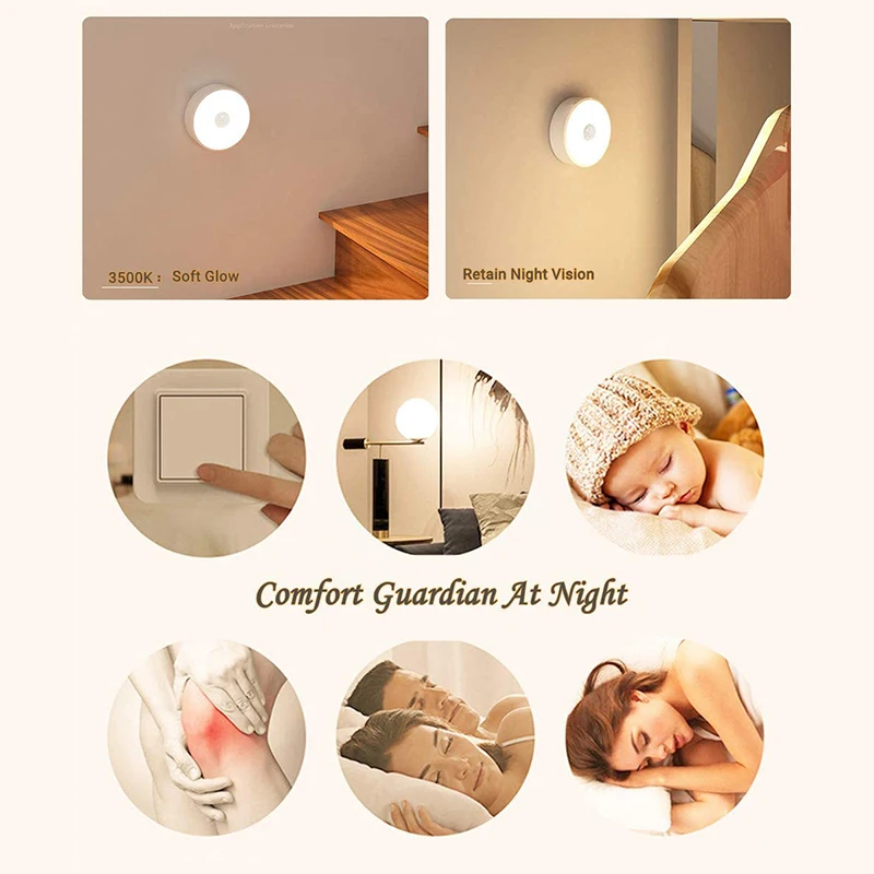 3 Packs LED Night Light Motion Sensor Activated Magnet Stick No As Kitchen Bedroom Closet Toilet Bathroom Cabinet Stair