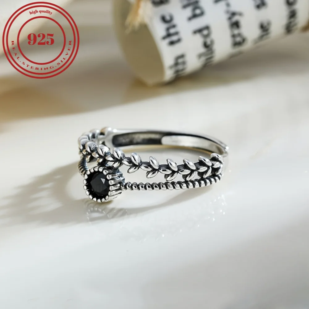 S925 Sterling Silver Ring Retro Leaf+Black Zirconia Design Suitable For Match Daily Outfits Party Decor High Quality Gift