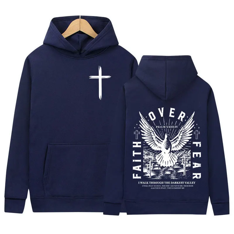 Jesus Faith Over Fear Inverse Letter Print Hoodie Christian Retro Fashion Harajuku Sweatshirt Men Women Fleece Oversized Hoodies