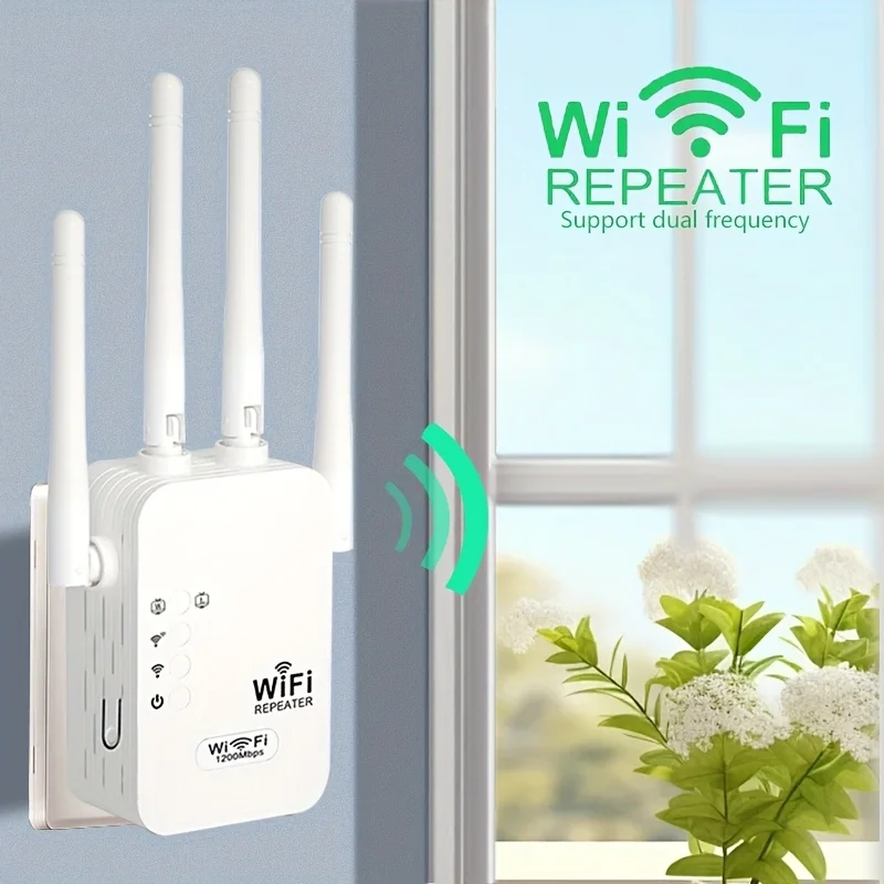 

WiFi Enhancer 1200Mbps Dual Band 2.4Ghz, 4 High Gain Antennas, Powerful Signal, for Home, Office, Coffee Shops, Wifi Extender