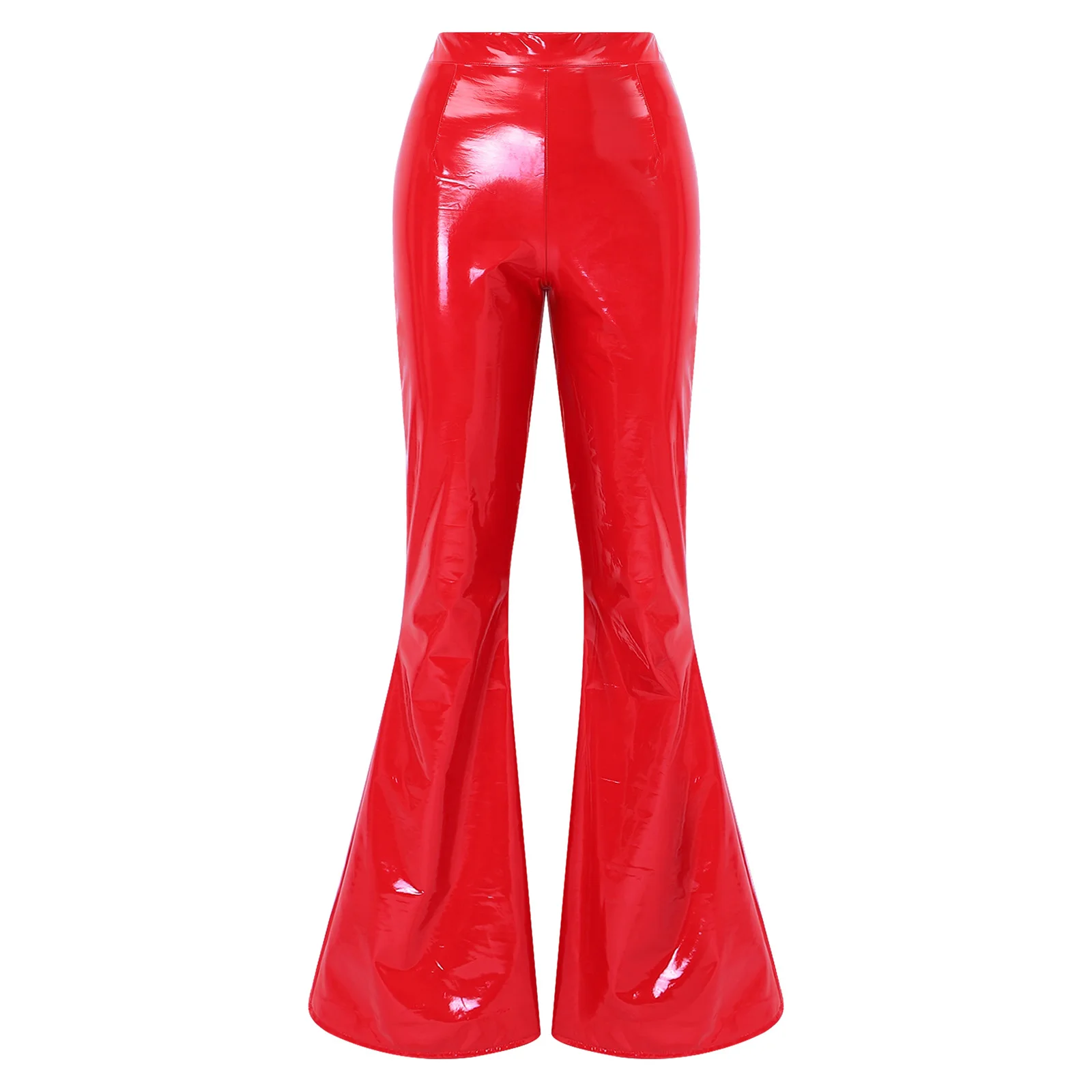 Women Glossy Patent Leather Flared Pants High Waist Ruched Zipper Wet Look Trousers for Nightclub Rave Party Motorcycle Clubwear