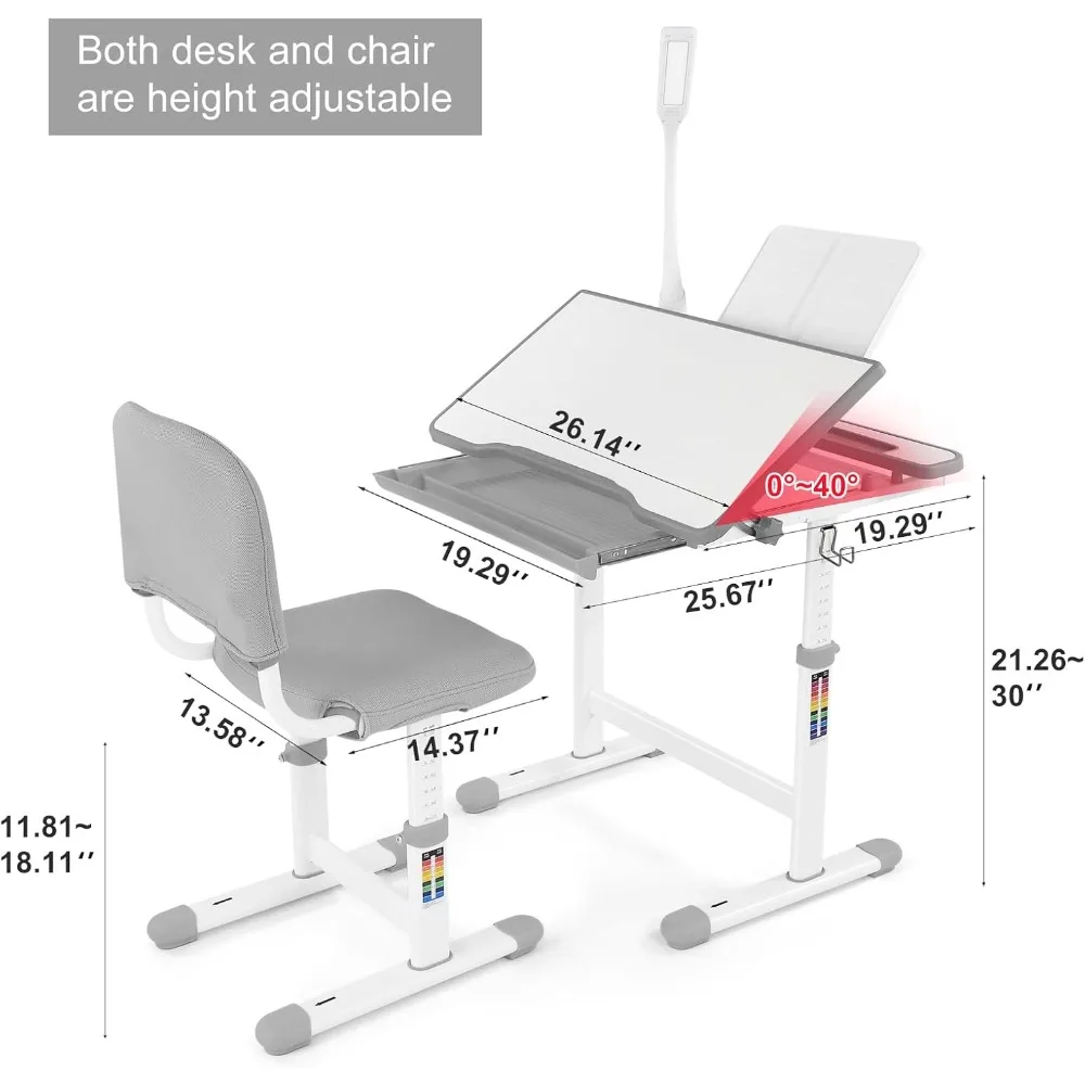 Kids Study Desk and Chair Set Height Adjustable Children School Girl Table Large Writing Board Desk