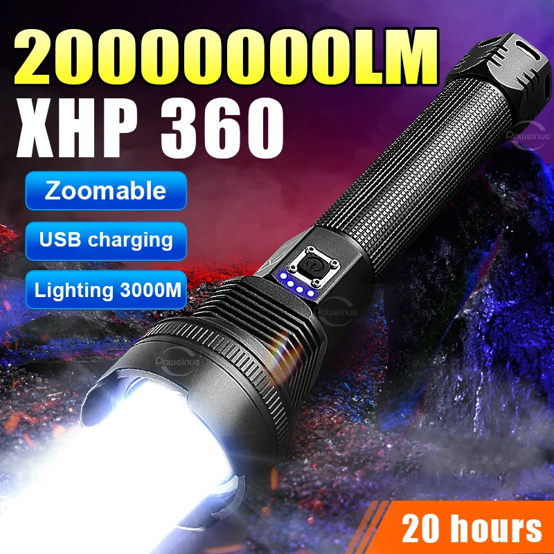 Ultra Powerful Flashlight XHP360 LED Rechargeable Lamps Waterproof Torch Zoomable Outdoor Camping Lights Super Bright Lantern
