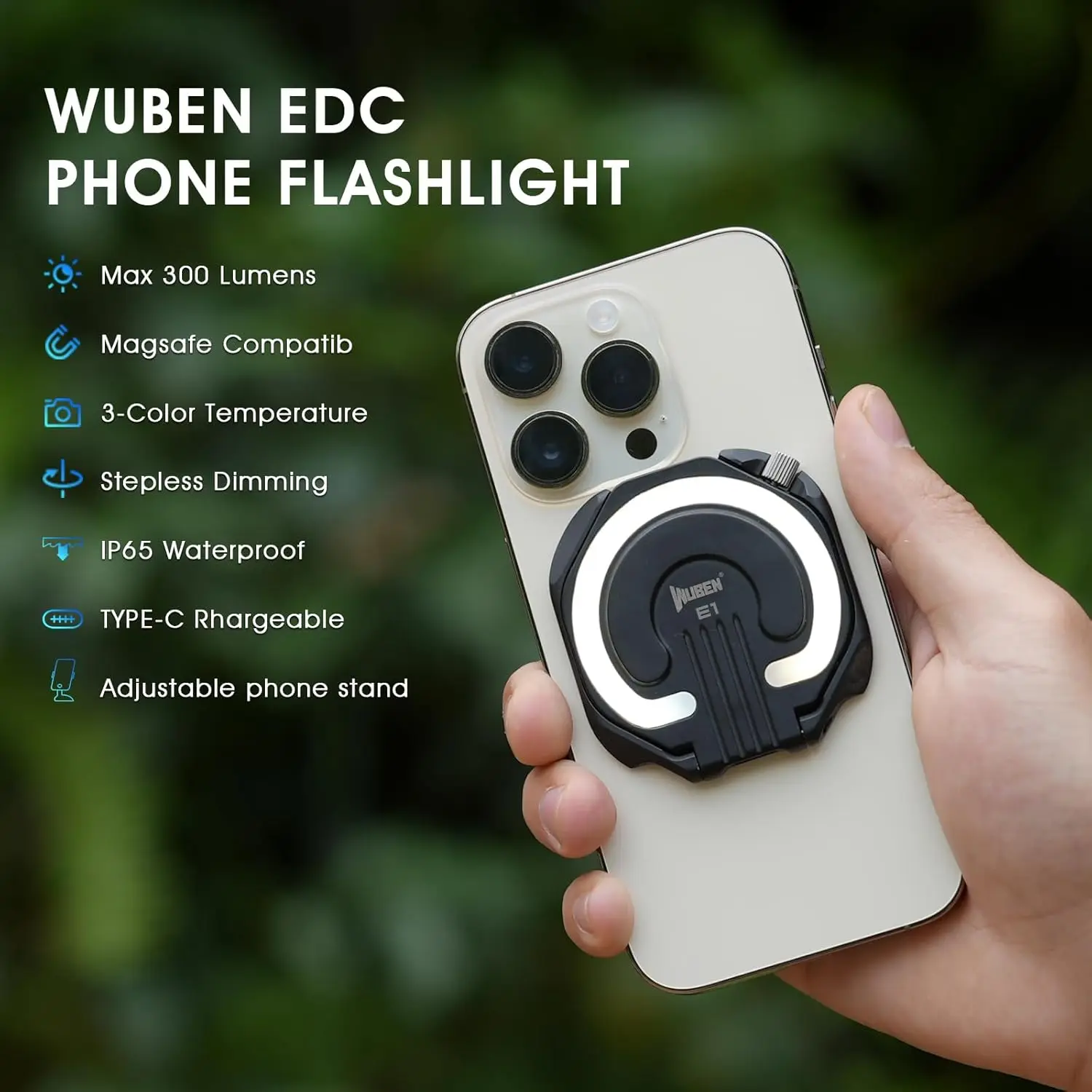 WUBEN E1 EDC Selfie Light, Rechargeable 300 Lumens LED Mini Flashlight Portable Ring Light for Phone, 3 Light Modes Magnetic