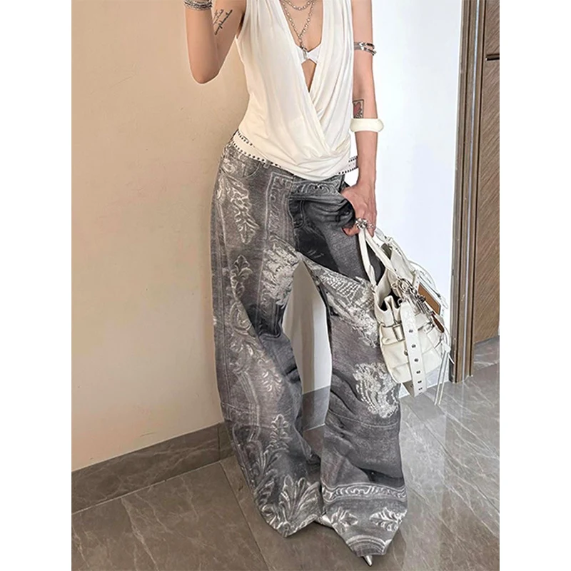 

Женские серые готические джинсы с принтом Y2k, осень 2024, винтажные мешковатые джинсовые брюки в стиле Харадзюку, японские брюки-бойфренды 2000-х, 90-х годов