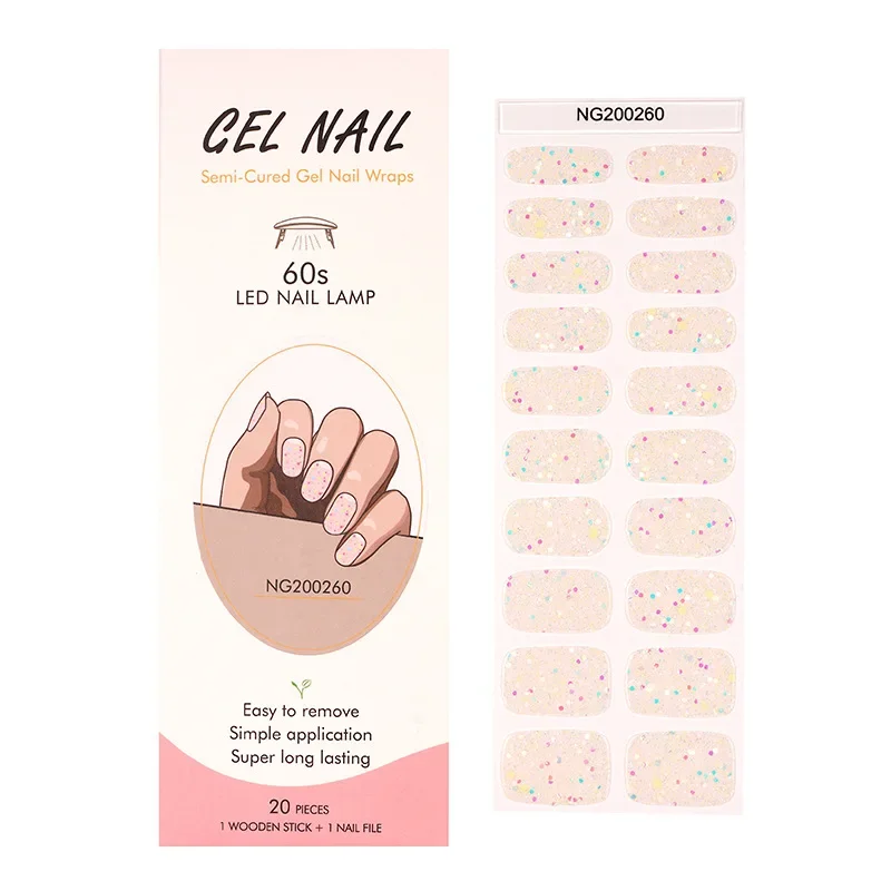 16/20/22 Strips Semi-cured Gel Nail Stickers Solid Color Semi-baked Nail Tips Full Cover Nail Decals UV Led Lamp for Nails Need