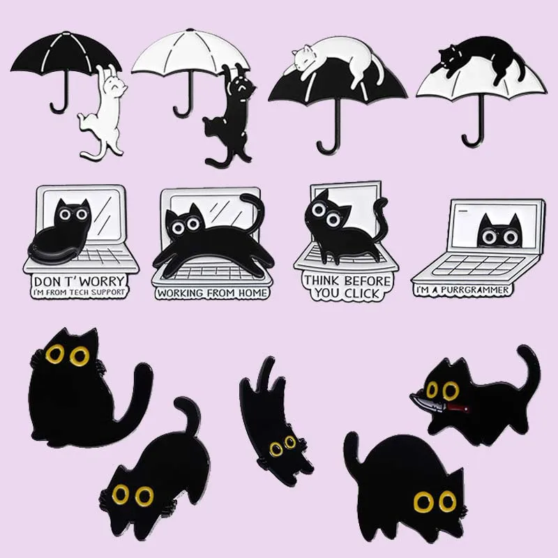 Black Cat Enamel Pins Umbrella White Kitten Brooches Lapel Badges Cute Cartoon Animal Jewelry Backpack Accessories Gift For Kids