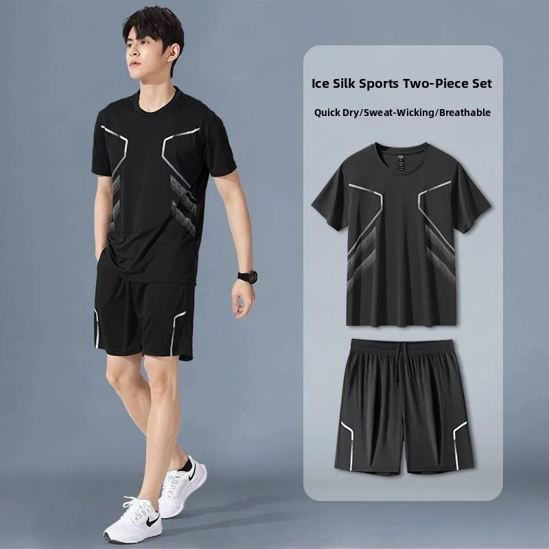 

Ice Silk Sports T-irt Set Men's Qui Dry ort Sve orts Two Piece Set Baskeall Badminton Fitn Clothing