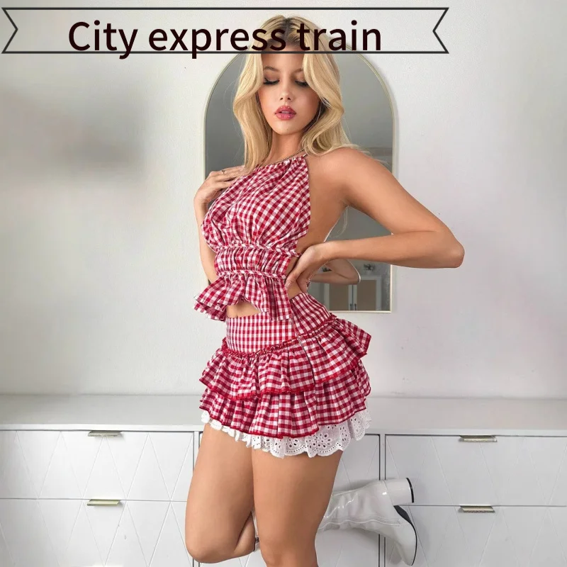 

Красная юбка в клетку, облегающая, с завязками, сексуальная, с вышивкой, на пуговицах, из полиэфирного волокна, без растяжения, для повседневной носки