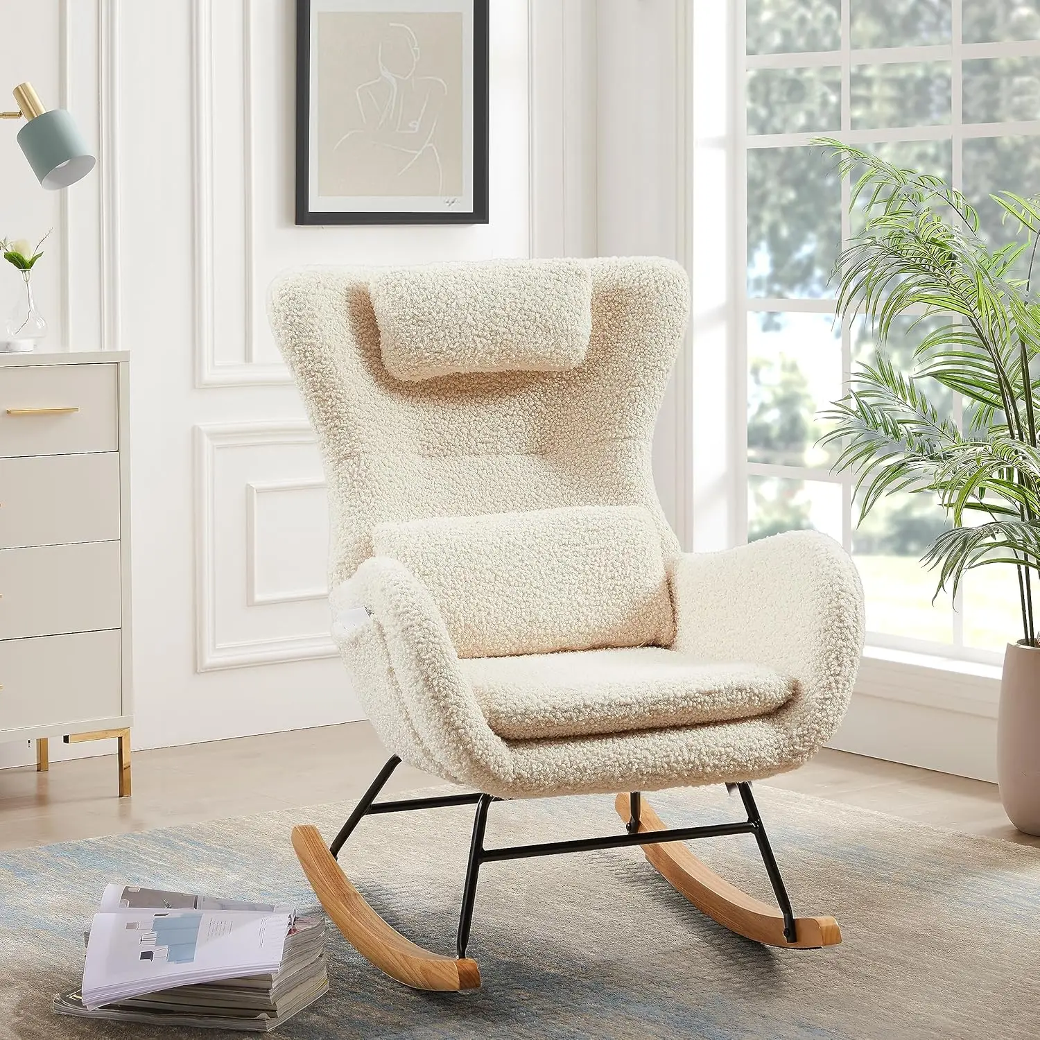 

Small Rocking Chair Nursery, Modern Rocker Chair with High Backrest, Comfy Accent Glider Chair with Headrest and Throw Pillow