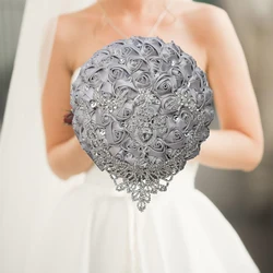 Sliver Wedding Bouquet Bride Bridesmaid Leather Pink Crystal Silk Artificial Rose Handmade Wedding Props