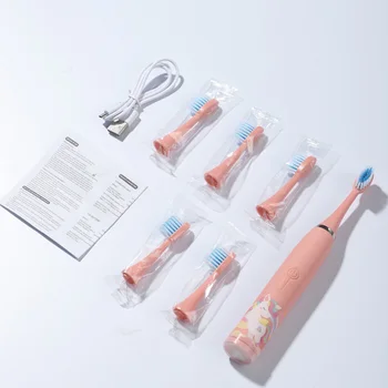 교체 헤드가 있는 어린이 전동 칫솔, 초음파 IPX7 방수 충전식 음파 칫솔, 만화 어린이
