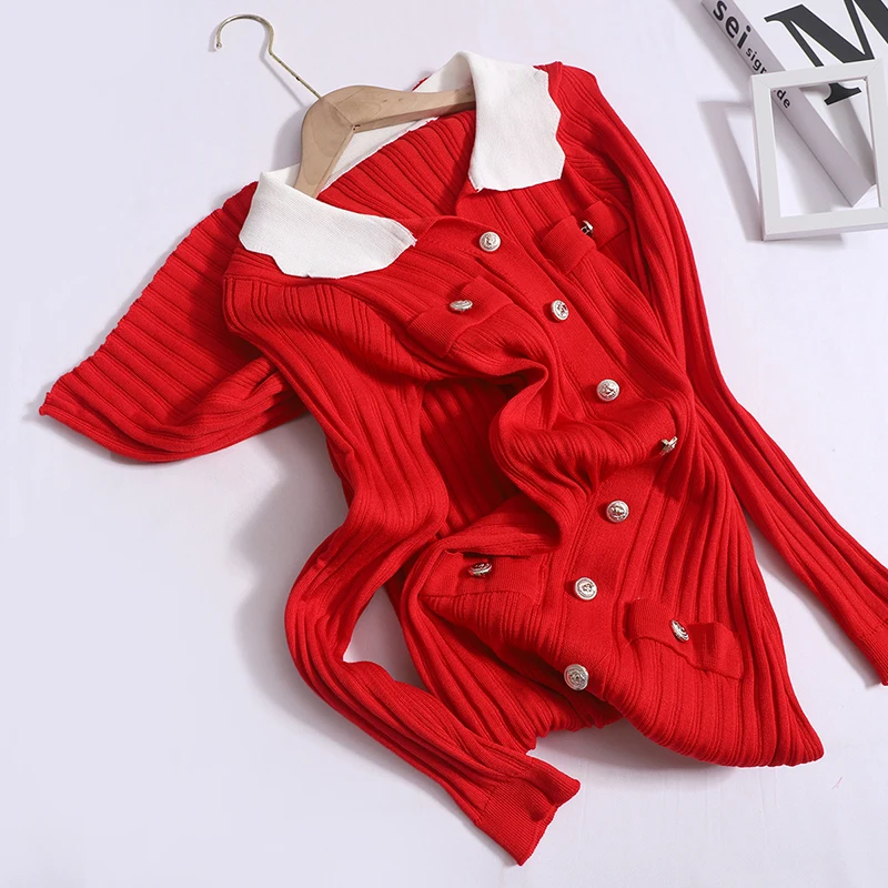 Autumn Winter New Doll Collar Single-breasted Base Knitted Dress Fashion Elegant Slim-fit Long Sweater Long Dress for Women