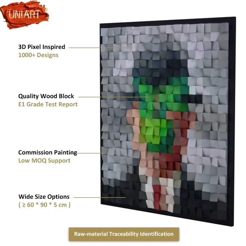 UNIART Museum Grade Pixel Art Wall Sculpture Wood Mosaic Portrait for Interiors Brushstroke Geometric Acoustic Wood Art Deco