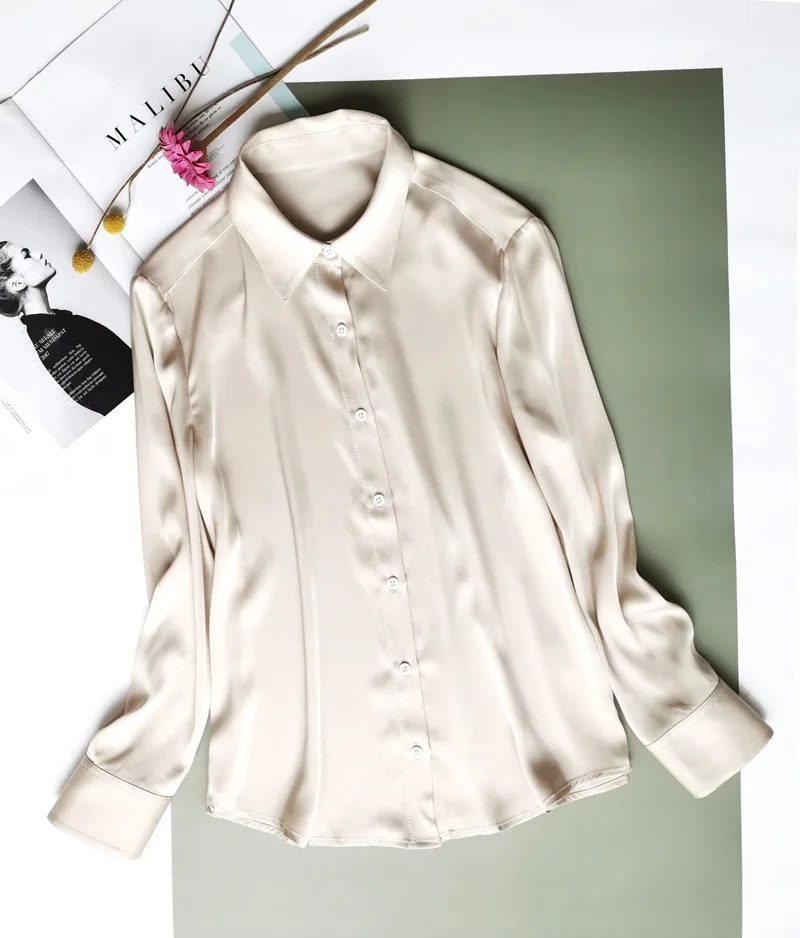 BirdTree, 22MM 92%Real Silk Elegant Shirt, Women Lapel Long Sleeve Solid, Simplicity OL Commute Blouses, 2024 Summer T44981QC