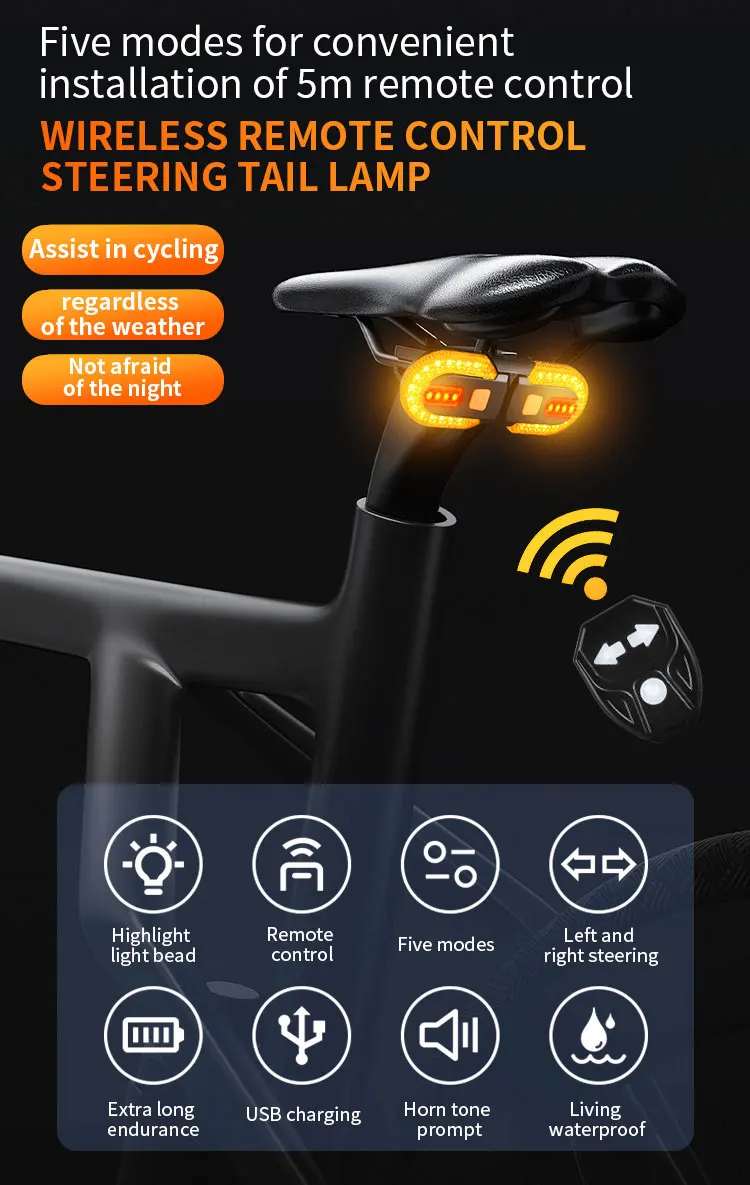 Bike Turn Signal Rear Light LED Bicycle Tail Lamp USB Rechargeable MTB Bicycle Wireless Remote Taillights Cycling Accessories