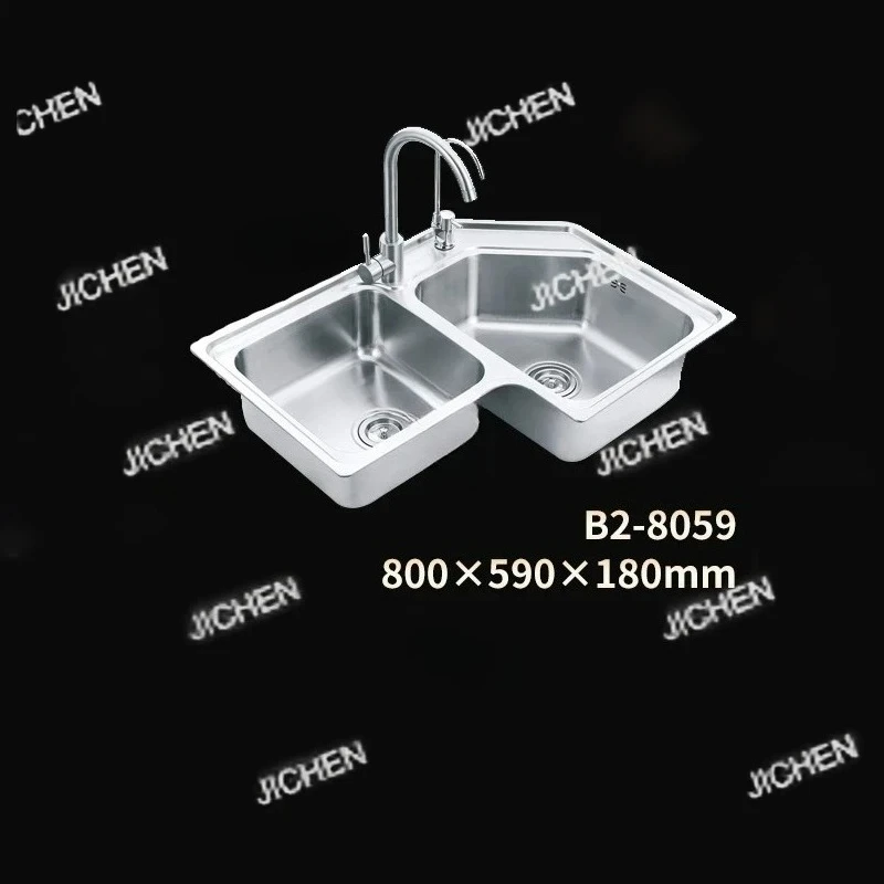 

Stainless Steel Corner Kitchen Sinks Home Double Slot Wash Basin Luxury Balcony Shaped Brushed Sink Creative Kitchen Accessories
