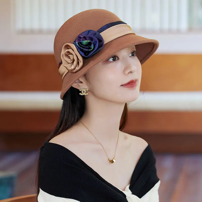 

Fedora Women Wool Big Brim Flowers Hat Autumn Winter Warm Cap Accessory For Church Holiday Outdoors