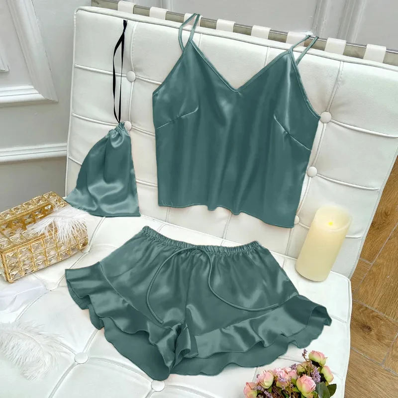 2024 3 Pcs Set Ice Silk Pajama Sets Fashion Soild Suspenders and Shorts With Hanging Bag Home Wear Set Sexy Suspenders