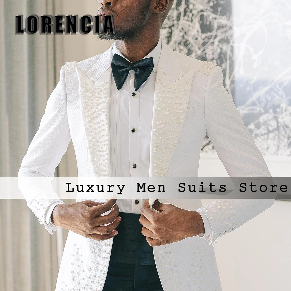 Pearls Beading Suits for Male 2 Pieces Peak Label Evening Party Outfits Tuxedos Customized Blazer Pants terno smoking masculino