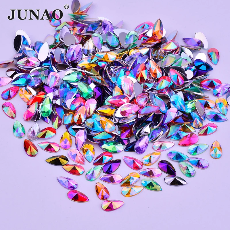 JUNAO 9*18mm 8*13mm Red AB Acrylic Teardrop Rhinestones Flatback Crystals Stones Non Sewing Strass Beads For Dress Decoration