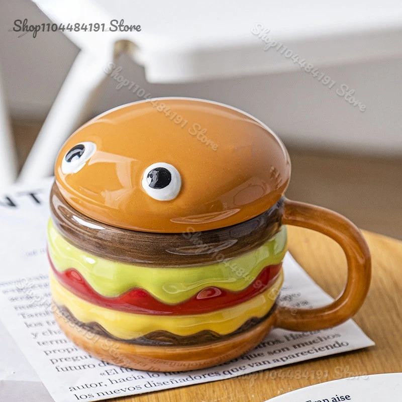 New Creative Hamburger Shaped Water Cup with Lid 300ml Cute Breakfast Cup Ceramic Coffee Hamburger Mug