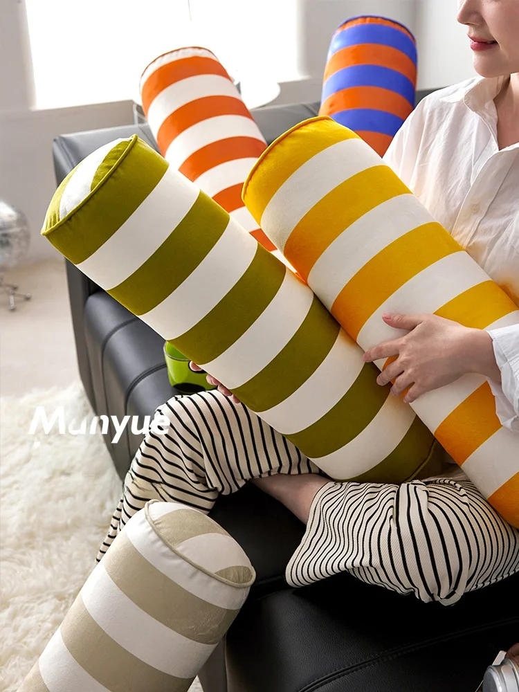 Ins Style Candy Stripe Pillow Backrest Support Velvet Cushion Bedroom Living Room Soft Decor round Cylinder Headrest Pillow