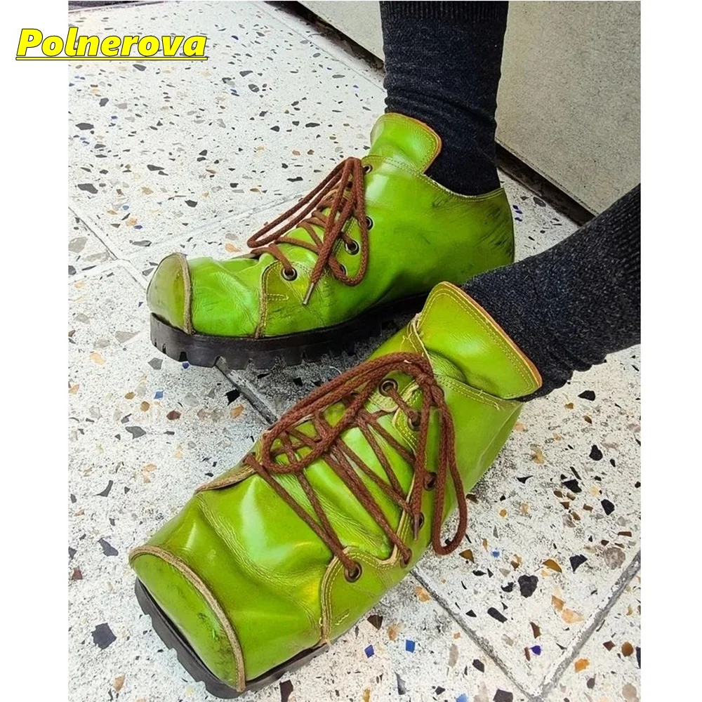 Women Green Square Toe Pumps Lace Up Thich Sole Vintage Patchwork Avan Garde Street Style Fashion Ladies Short Boots 2026 Trend