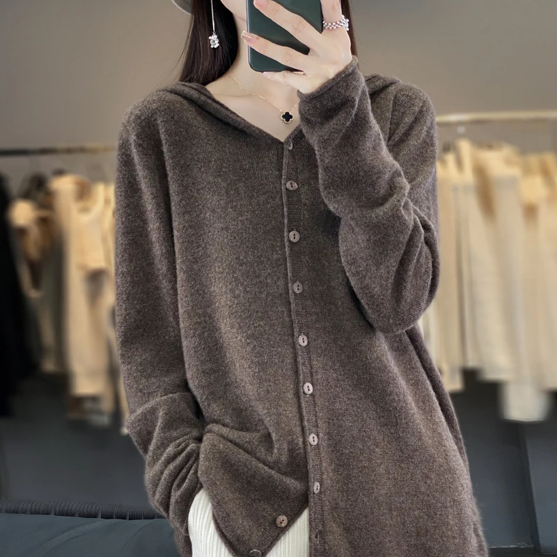 Wool Cardigan Sweater Women Hooded Long Sleeve Top Korean Style New Knitted Jackets Mujer Knitwear Loose Autumn Winter Clothing