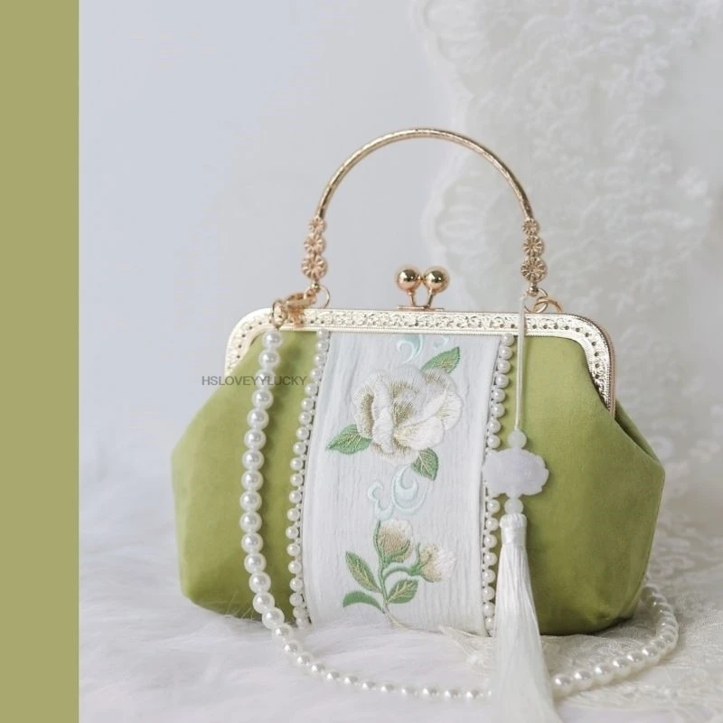 Chinese Embroidery Plate Buckle National Style Bag Female Spring New Plain Elegant Women Daily Hanfu Accessory Pearl Bag