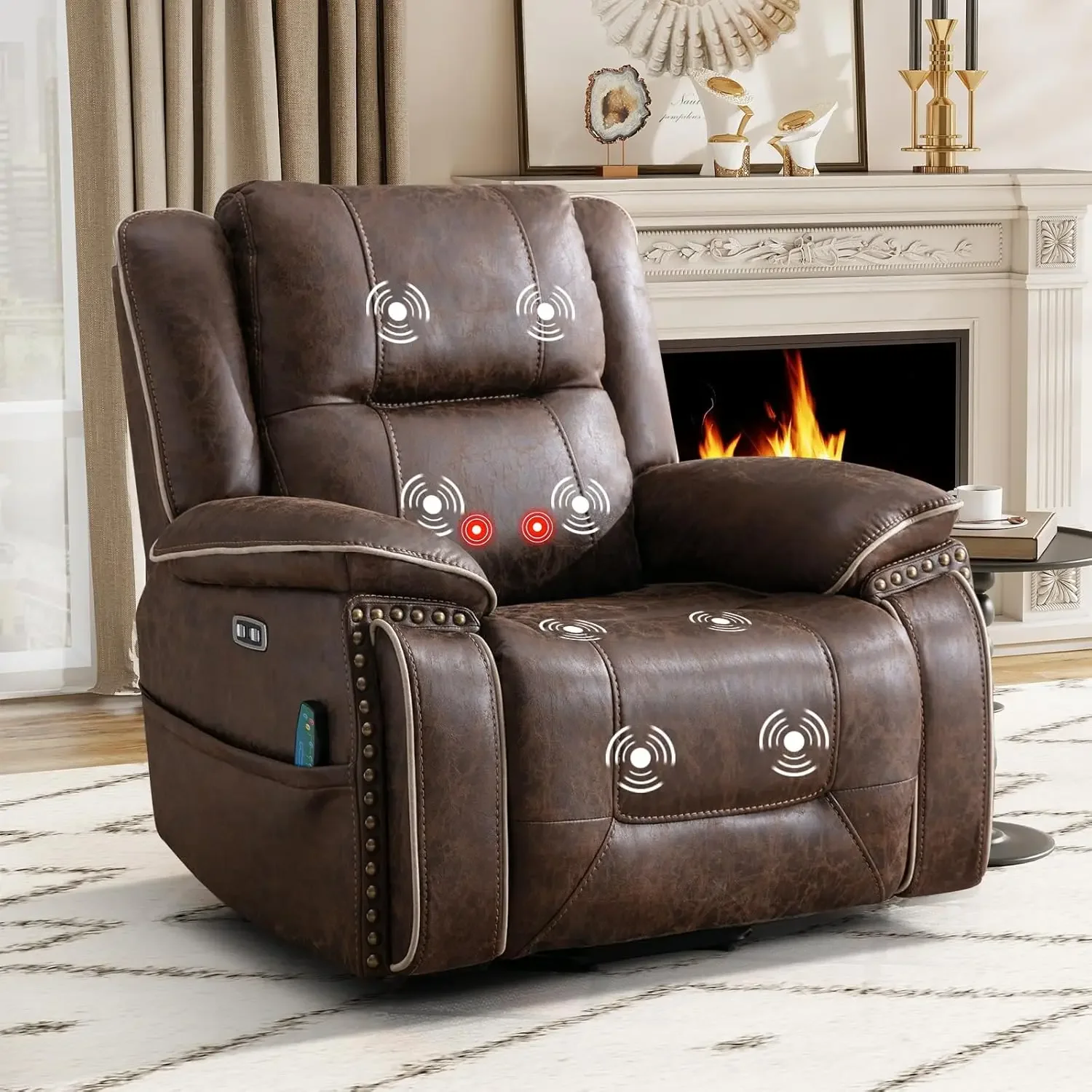 Power Lift Recliner Chair for Elderly with Massage and Heat, Dual Motor Faux Leather Recliner Chair with Spacious Seat, 2 Cup Ho